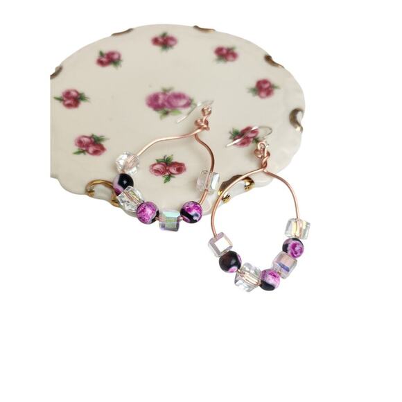 Natural Stone Rose Red Fire Agate Cooper Crystal Hoop Earring Beads Crystals - Picture 3 of 4